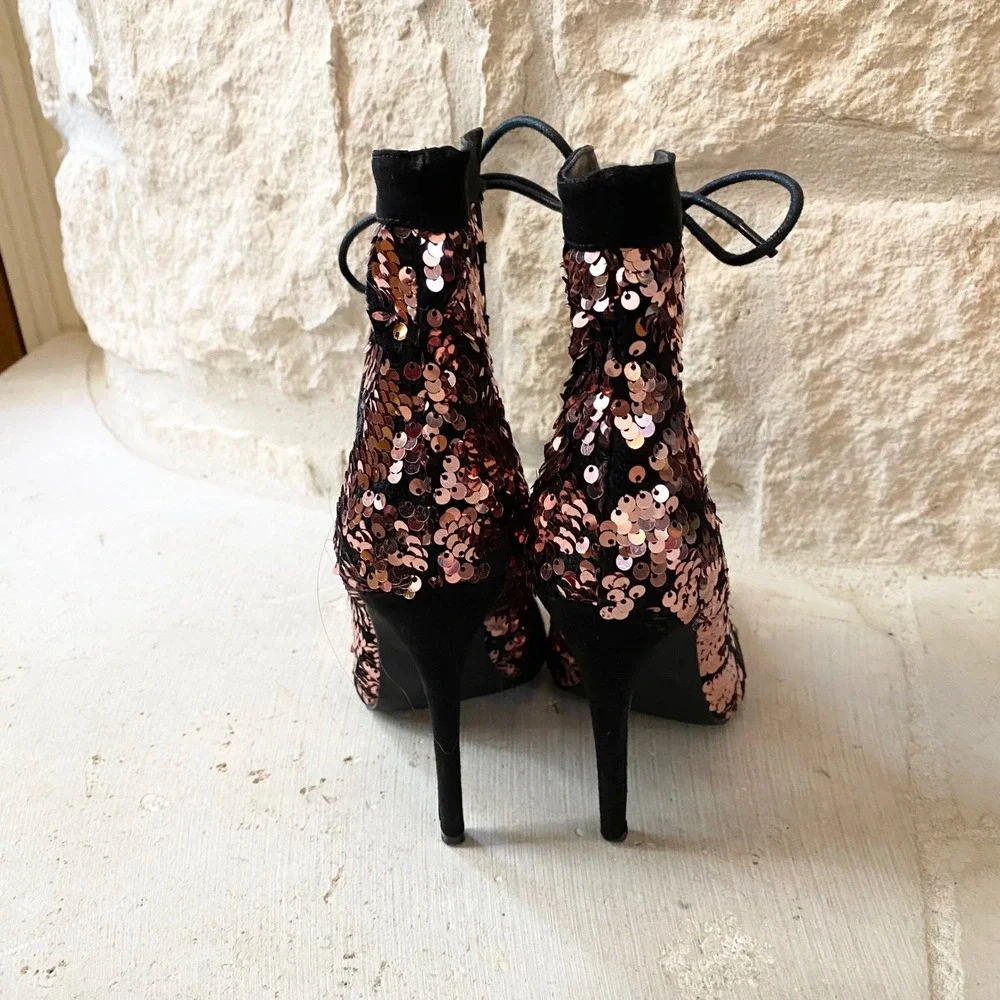 Privilege Starlit‎ Womens Rose Gold Black Sequin Size 7.5 Lace Up Stiletto Heels